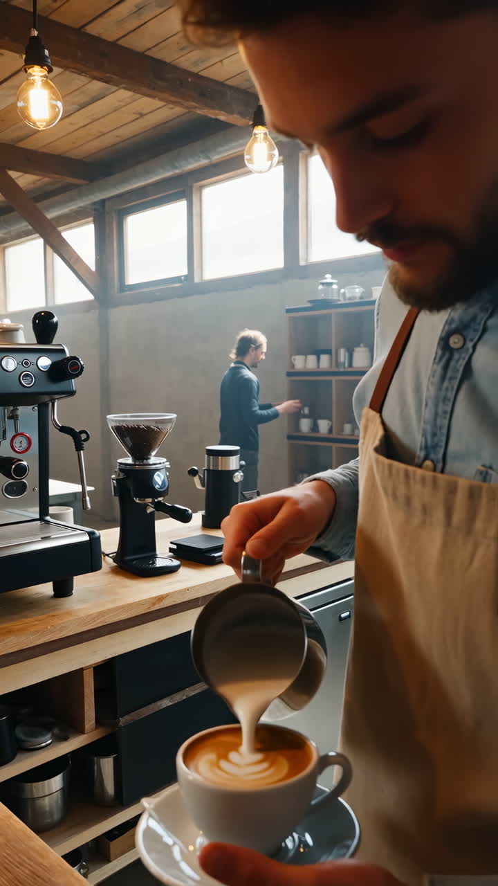 Barista pouring latte art in a coffee shop