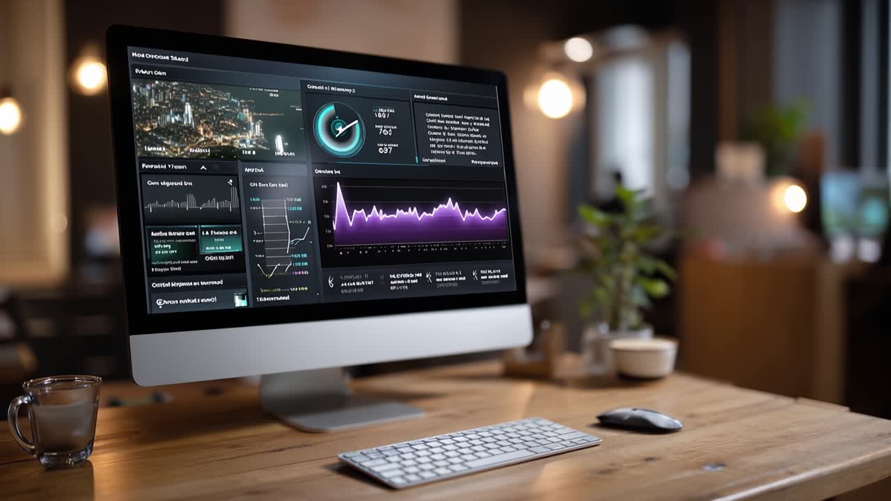 A Modern Workspace Featuring an Interactive Data Dashboard on a Sleek Computer Display with Detailed Graphs and Metrics, Showcasing Insights and Analytics