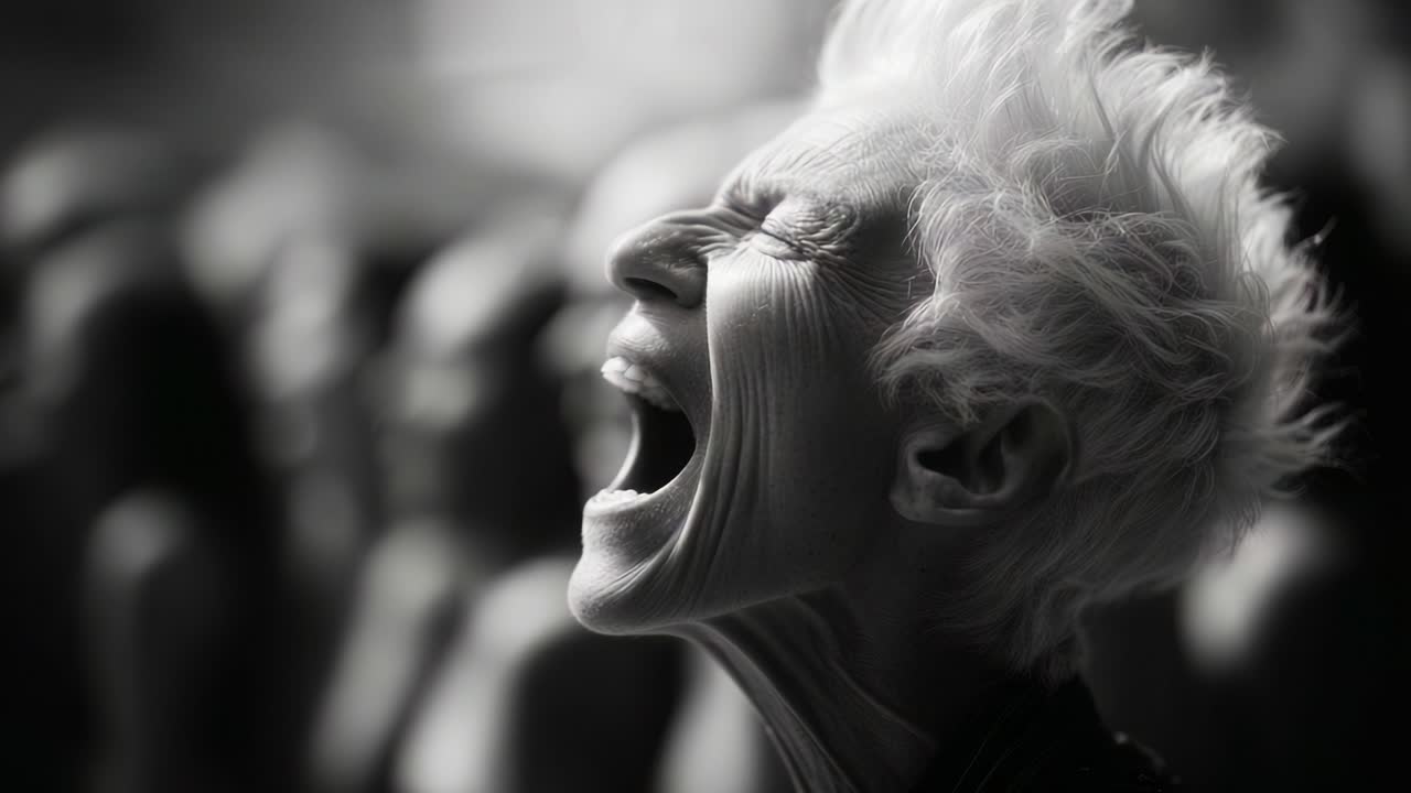 An Intense Expression of Emotion: Capturing the Raw Power of a Senior Person as They Yell in a Black and White Scene; A Moment Frozen that Evokes Depth and Feeling