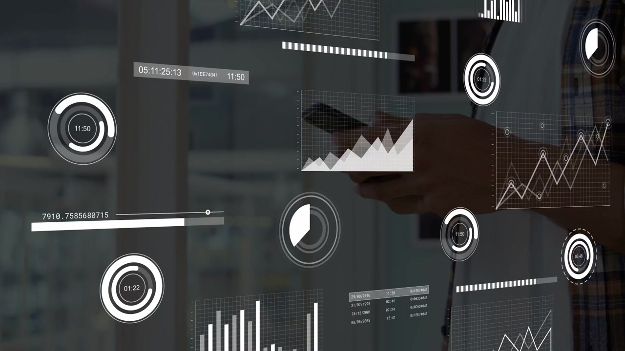 Businessman tapping smartphone, activating HUD, updating gauges and charts, monitoring metrics