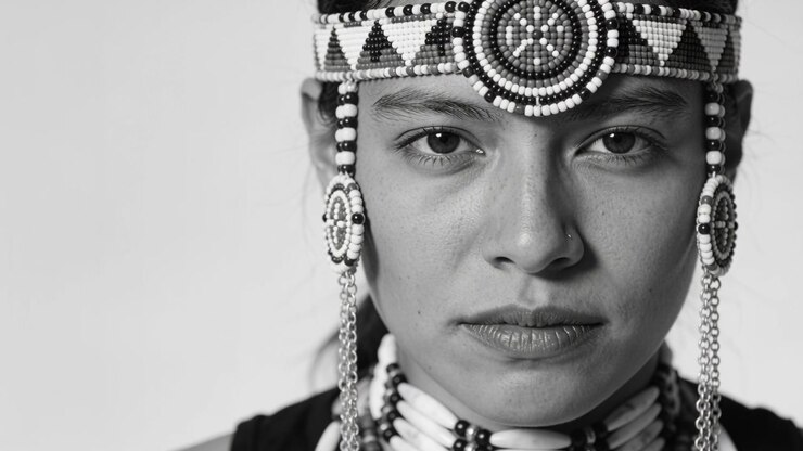 Camera rolling, woman holding steady gaze and making tiny shifts in studio, wearing beaded regalia