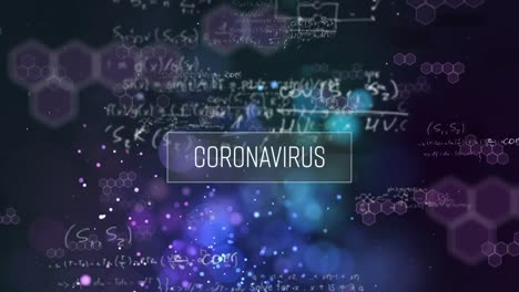 animación de la palabra coronavirus escrita a mano con fórmulas científicas y luces de punto gowing