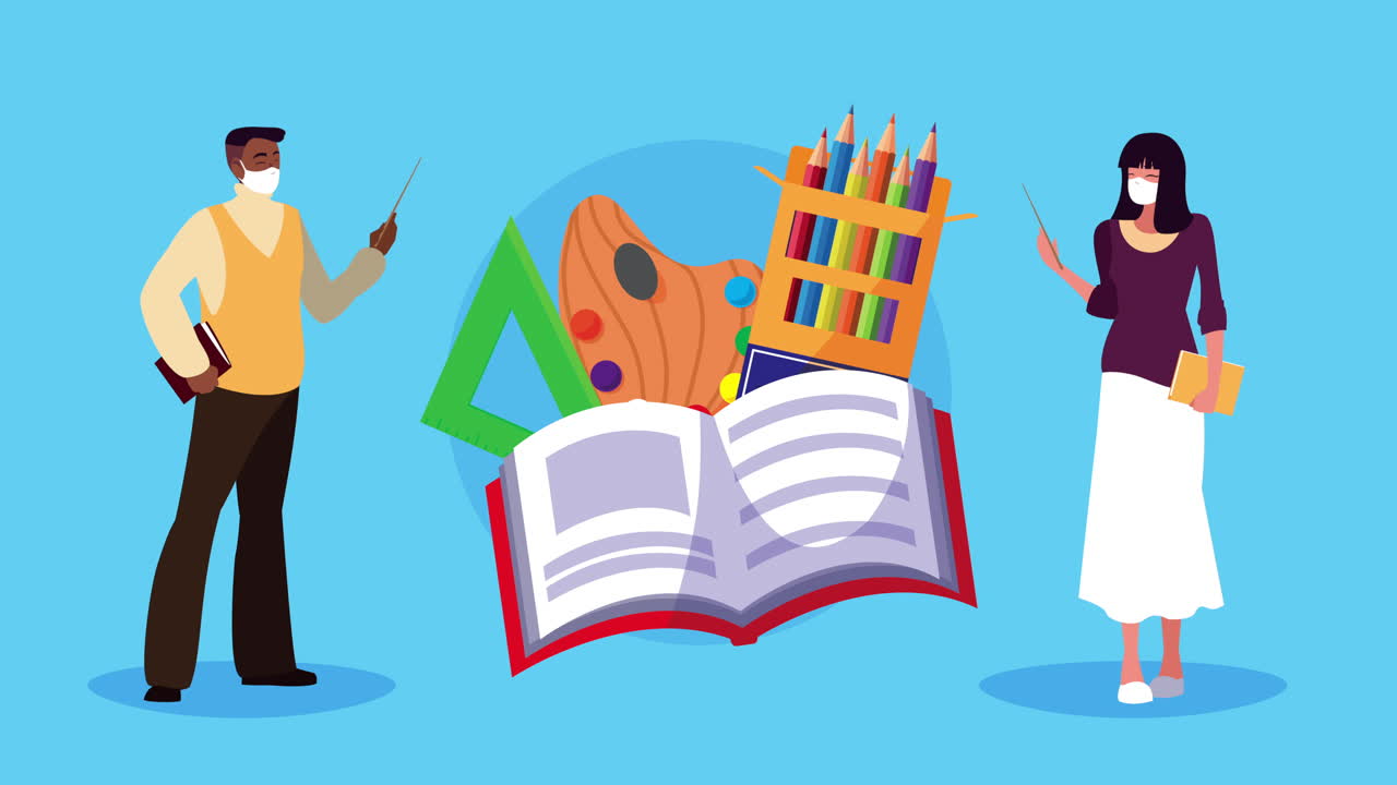 maestros que usan máscaras médicas para covid-19 con personajes de suministros