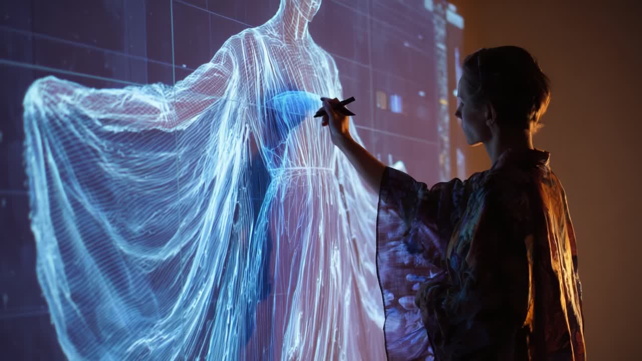 A Digital Artist Creates an Ethereal Projection of a Figure, Crafting Fluid Lines and Intricate Patterns While Engaging with High-Tech Visualization Tools for a Stunning Artistic Display