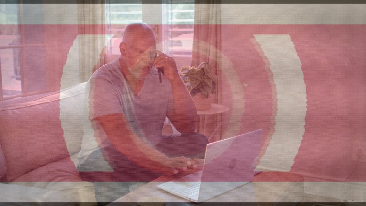 Senior man taking call, typing on laptop for work, tech glitches shifting from circles to scanlines