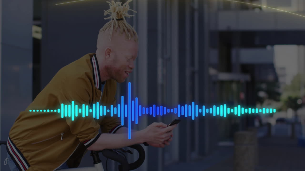 Man leaning on bicycle using smartphone, showing colorful audio waveform for technology