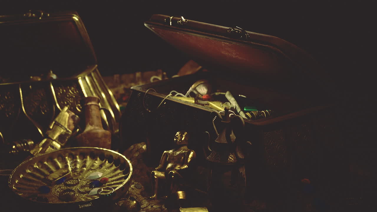 Ancient treasure chest filled with mysterious artifacts and gold in dim light