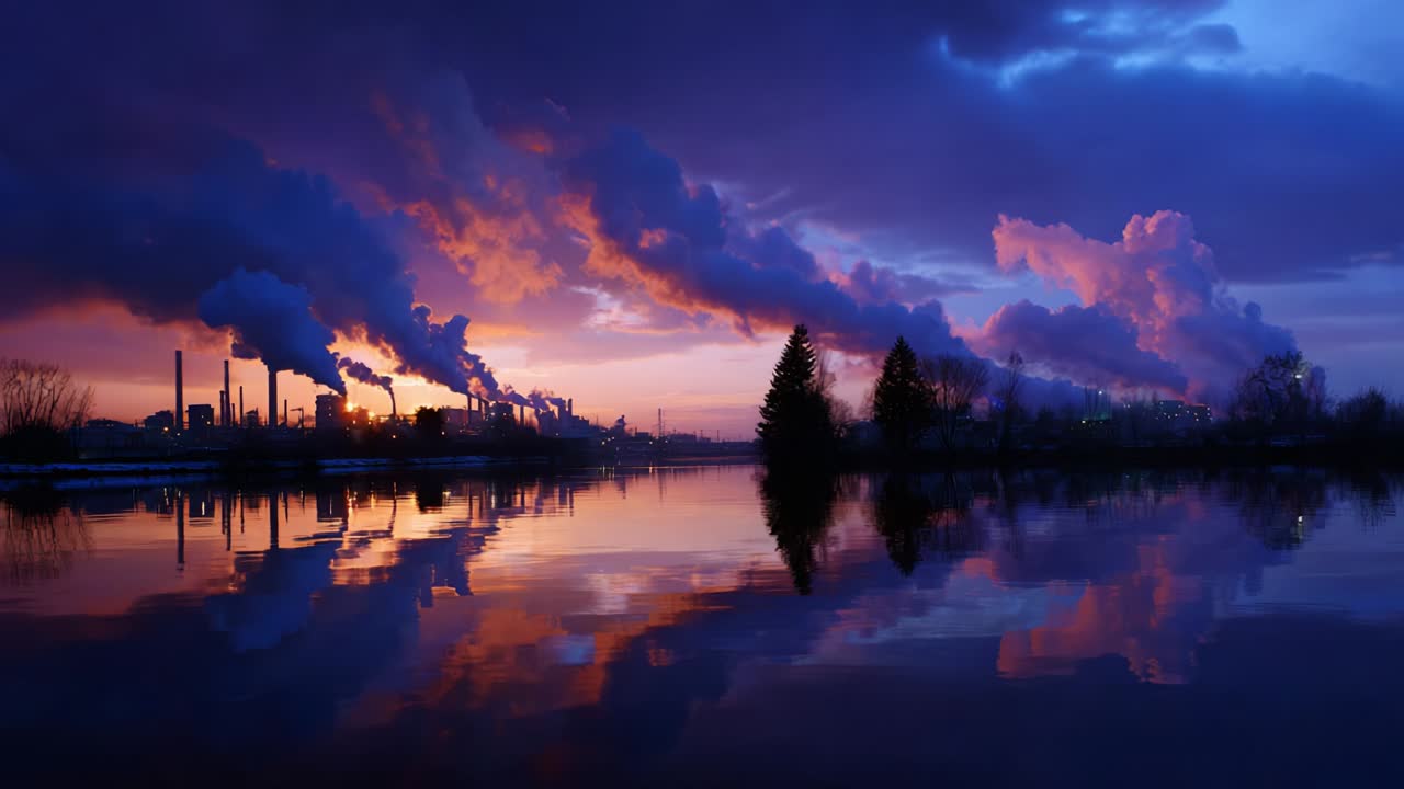 Dramatisk industrielt landskab ved solnedgang: En fantastisk kontrast af farve og refleksion over vand med skorstene og bølgende skyer mod en levende himmel, der skifter fra dag til nat