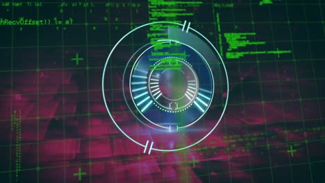 digital animation of neon round scanner and data processing against pink background