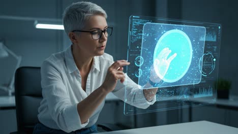 a modern professional engages with futuristic technology, manipulating holographic data displays to analyze information and make insightful decisions in a sleek office environment