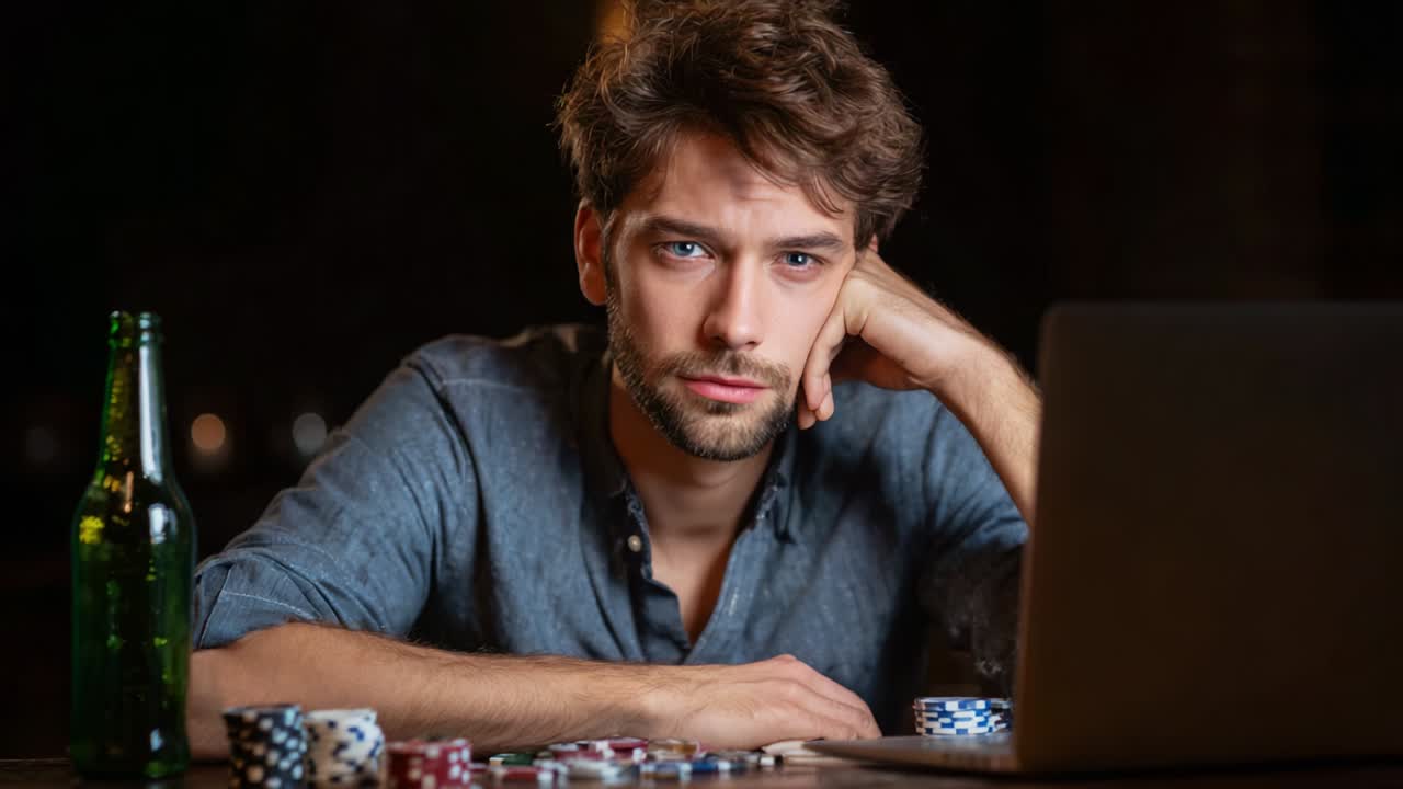 A focused young man seated at a table, surrounded by poker chips and a laptop, contemplating his next move in a strategic card game, with a bottle of beer resting nearby under soft lighting