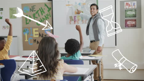 pointing at board, teacher in classroom with educational symbols over students