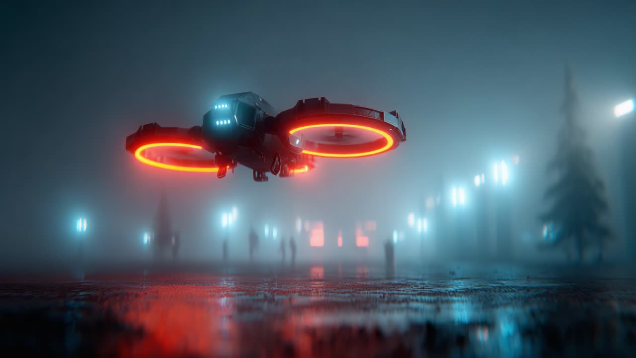 A High-Tech Drone Hovering in a Misty Urban Environment, Illuminated by Striking Red Lights, Amidst Silhouetted Figures and Dimly Lit Streetlamps