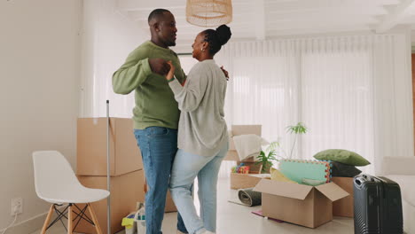 dancing, happy couple and celebrate moving house