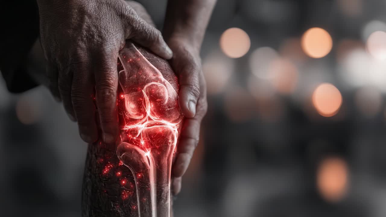 En intens undersøgelse af knæsmerter: Udforsker kompleksiteten af ledsmerter gennem praktisk undersøgelse og visuel repræsentation af inflammation.