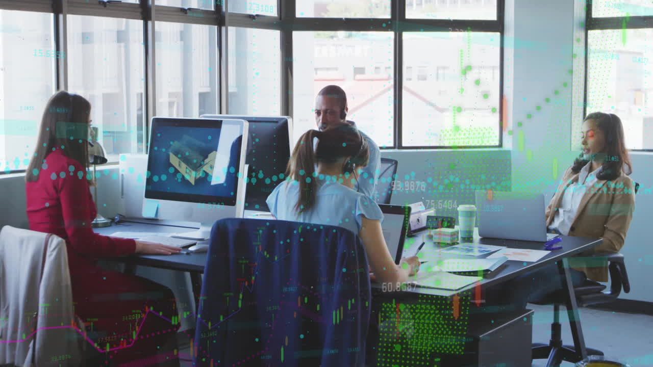 Animation of financial data processing over diverse business people in office