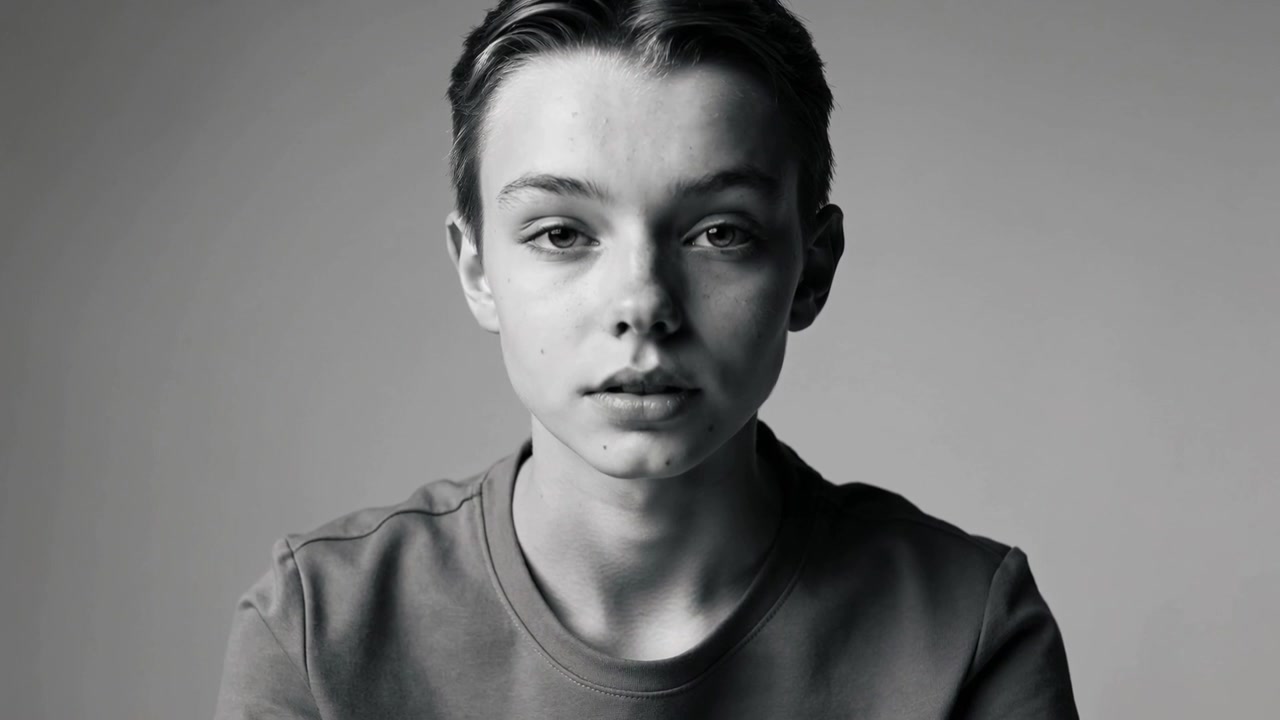 Gravando adolescente masculino piscando e movendo a cabeça no estúdio com fundo cinza, vestindo blusa de gola redonda.