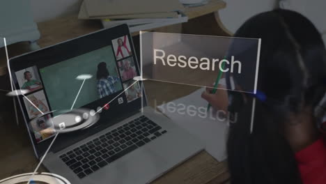 attending online class, person viewing animation and research text on laptop screen