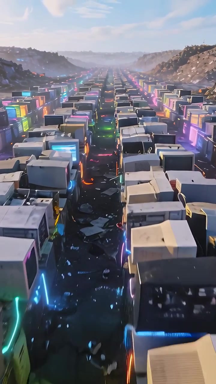 Vertical video: Gliding camera showing CRT monitors and towers in dump, neon lights revealing decay