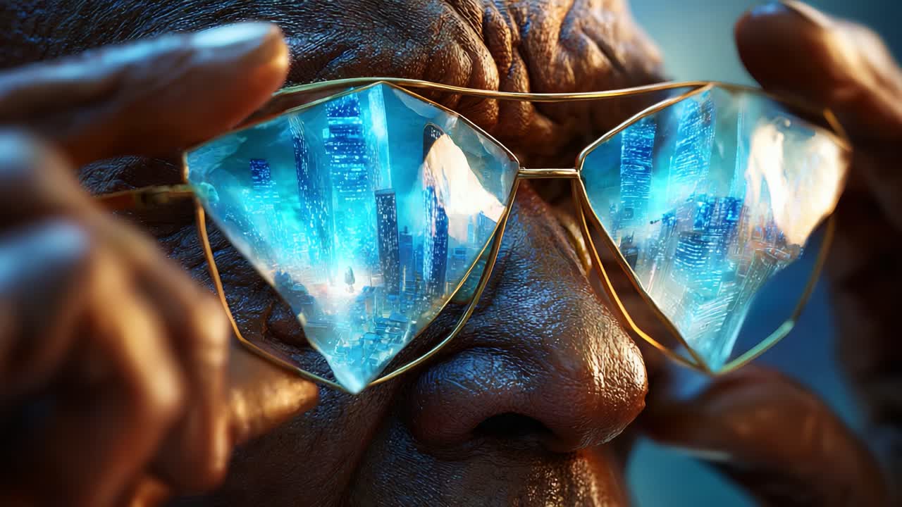 A futuristic vision captured through unique glasses showcasing vibrant cityscapes and advanced technologies reflected in strikingly crafted lenses, embodying a mesmerizing blend of imagination and innovation