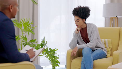 woman, counseling and psychologist consulting