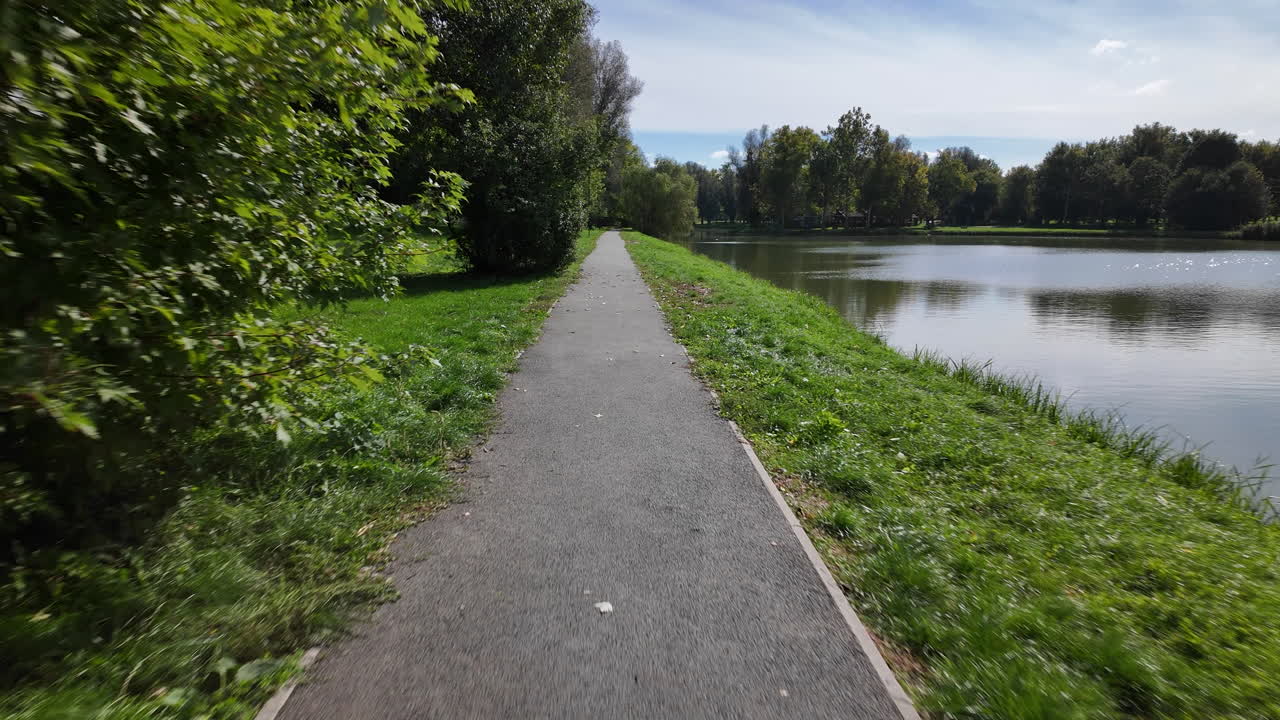 Sentiero pedonale accanto a un lago calmo in un parco soleggiato
