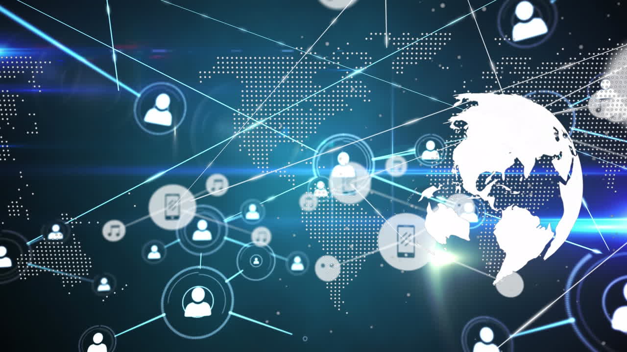 Animation of network of profile and digital icons over world map and spinning globe