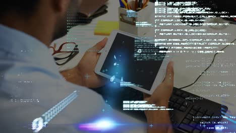 binary coding and data processing over man using digital tablet