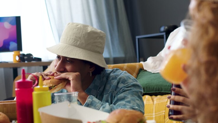 Tre amici che mangiano a casa