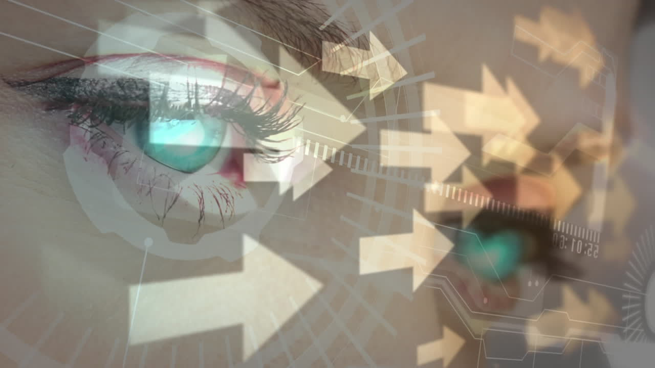 전면에 디지털 화살표로 눈을 이는 여자