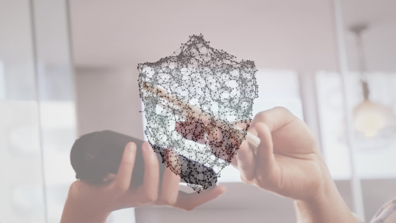 animación de la red de conexiones con escudo de seguridad sobre las personas que utilizan el terminal de pago