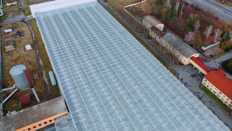 aerial view flying over large greenhouse with vegetables, greenhouse with transparent glass. technical and administrative buildings