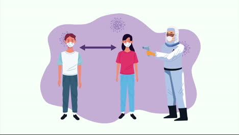 biosafety worker with thermometer and patients covid19 control