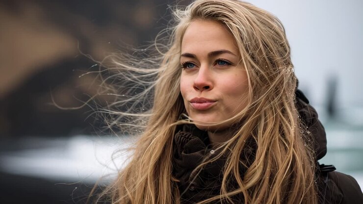 Primo piano di una giovane donna con gli occhi chiusi e i capelli che volano nel vento forte, che indossa una giacca calda all'aperto in un freddo clima invernale, con un umore calmo e rilassato.