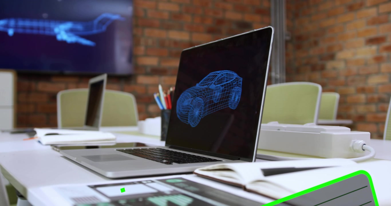 From frame five neon green HUD labels sliding left, rotating, passing laptop, showing uplink stream