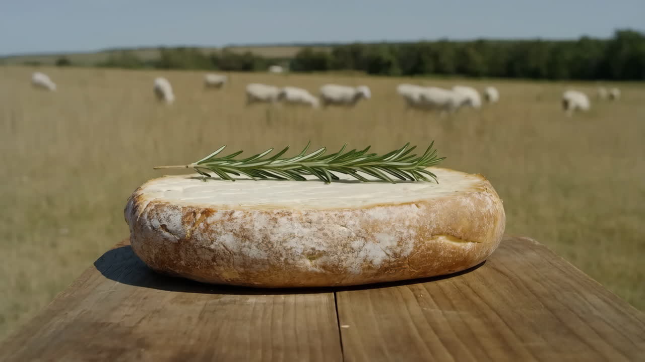 Forma di formaggio rotonda su un tagliere di legno in un pascolo illuminato dal sole con pecore al pascolo, un rametto di rosmarino in cima e una crosta rustica.