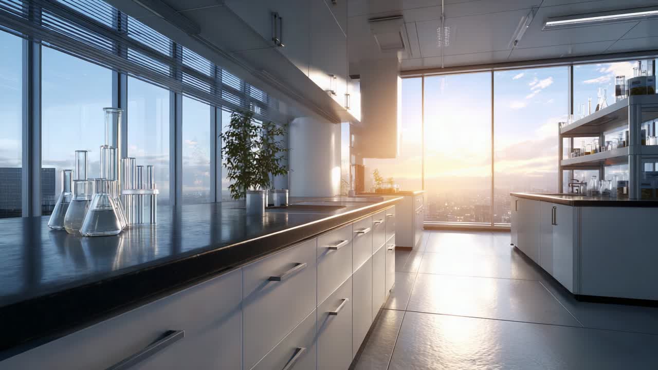 Bright and Modern Laboratory Interior Showcasing State-of-the-Art Equipment with Natural Light Streaming Through Large Windows, Highlighting a Clean and Organized Space Perfect for Scientific Research and Experiments