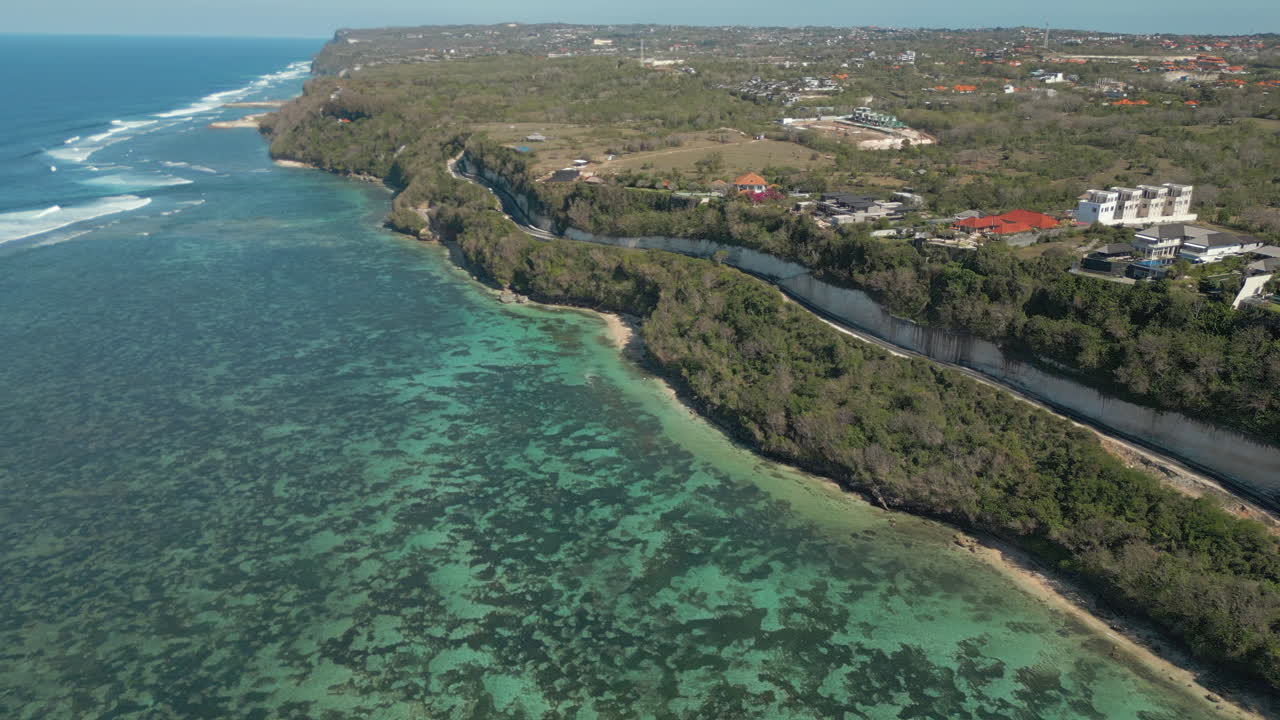 Turquoise Shoreline Near Pantai Pandawa Beach Uluwatu Cliffs Bali Indonesia Drone Shot 4K 60FPS