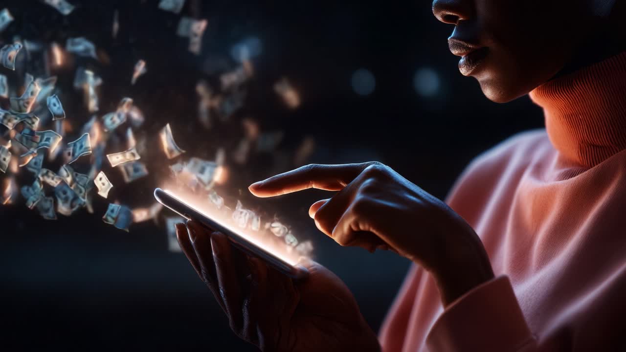 A captivating visual of a person interacting with a smartphone, surrounded by an enchanting display of floating currency, embodying the themes of finance, technology, and innovation