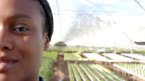 showcasing sustainable agriculture, woman working in hydroponic farm, copy space