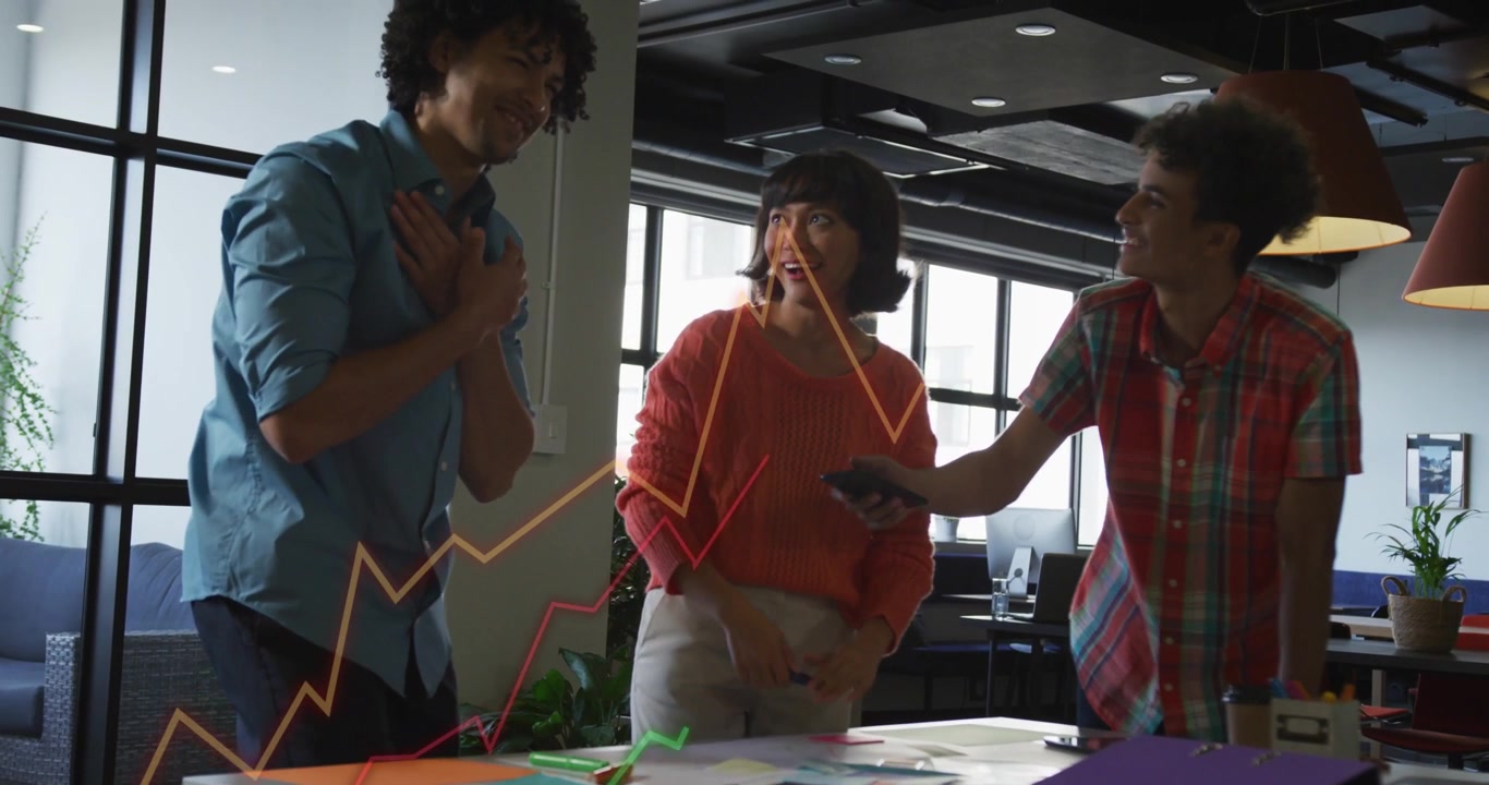 Vertical video: Reacting to graph overlay, three colleagues sorting papers at office, showing phone