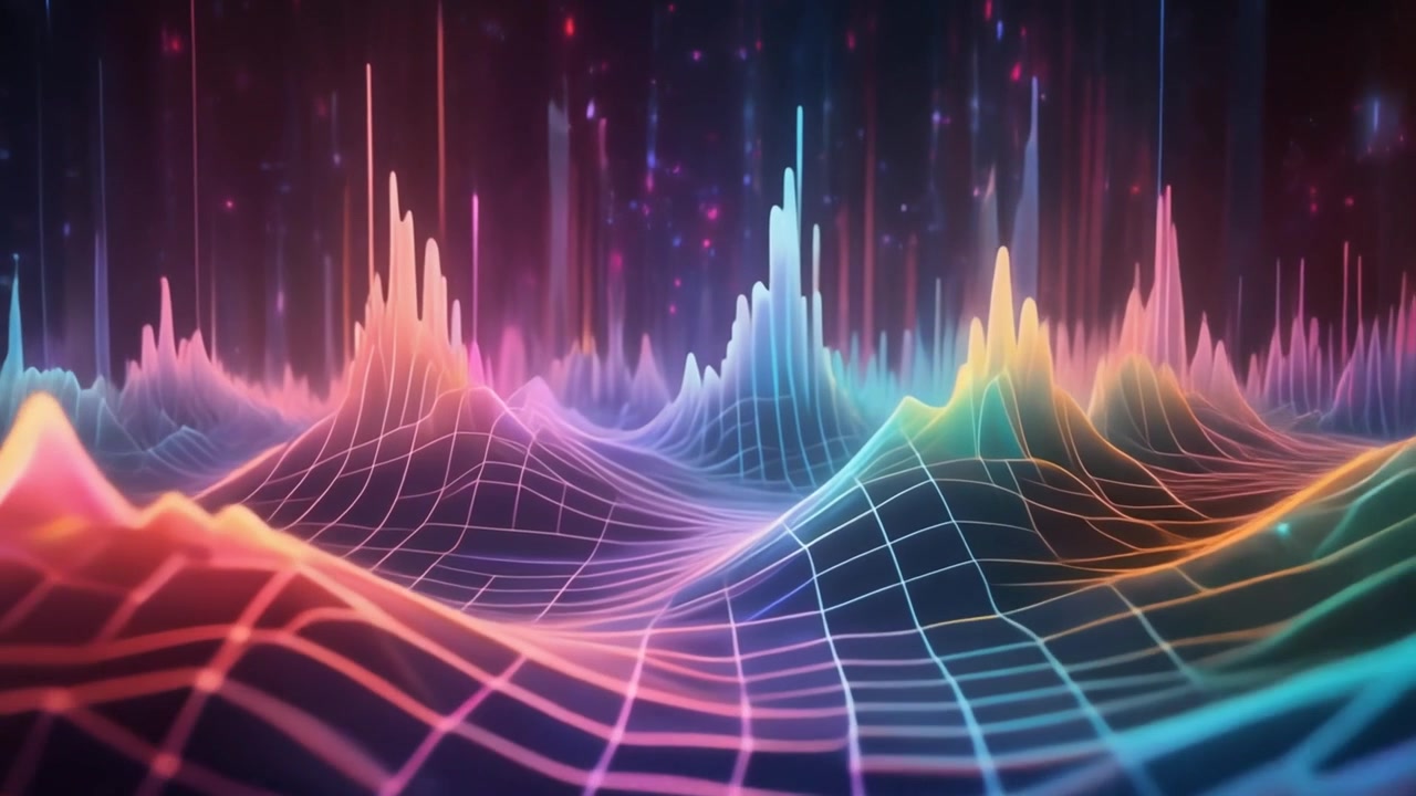 Abstract Digital Landscape with Glowing Neon Waveform Grid