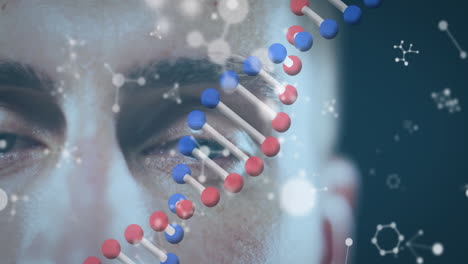 animation of caucasian woman''s face and dna strand spinning over dark background