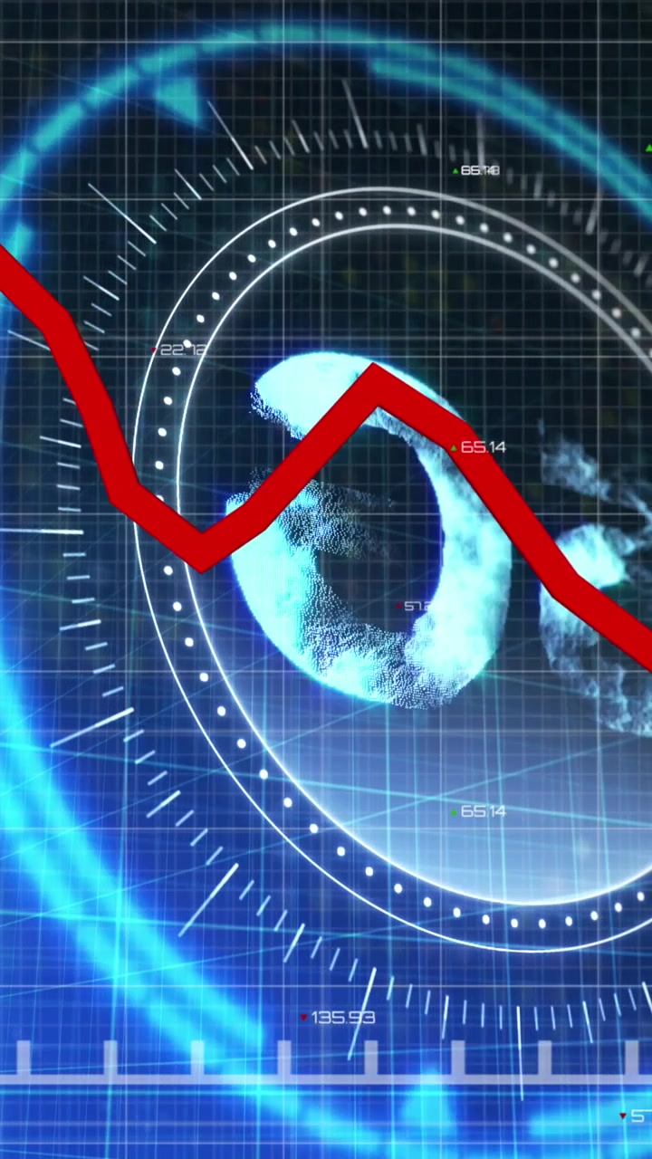 Animazione di elaborazione dati finanziari su scansione a mirino con simbolo 5G su sfondo nero.