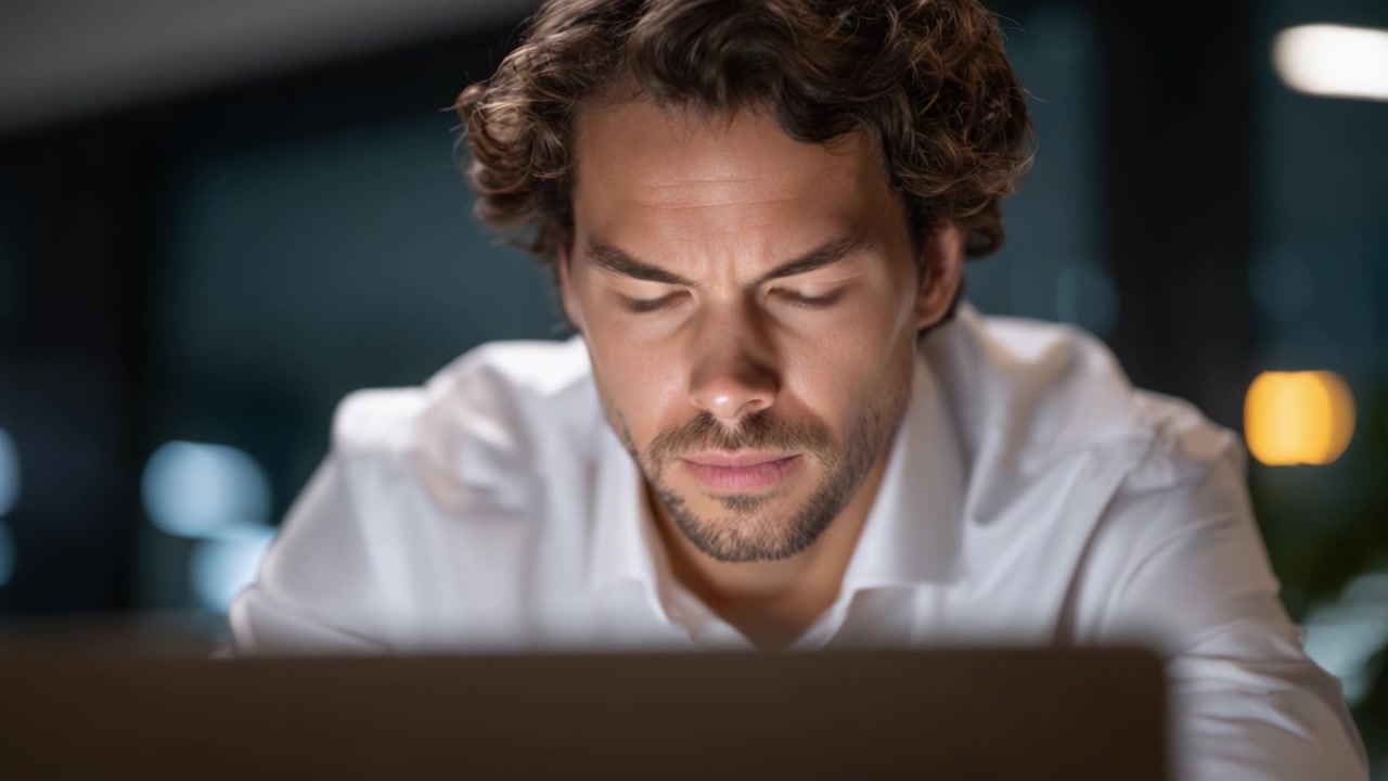 Focused Male Professional Examining Laptop Screen Intently in a Dimly Lit Work Environment, Capturing a Moment of Concentration and Productivity