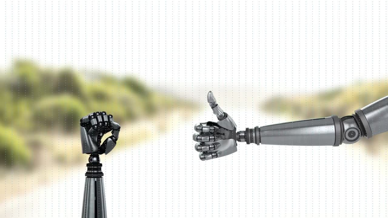 Animation of robotic hands over blurred background