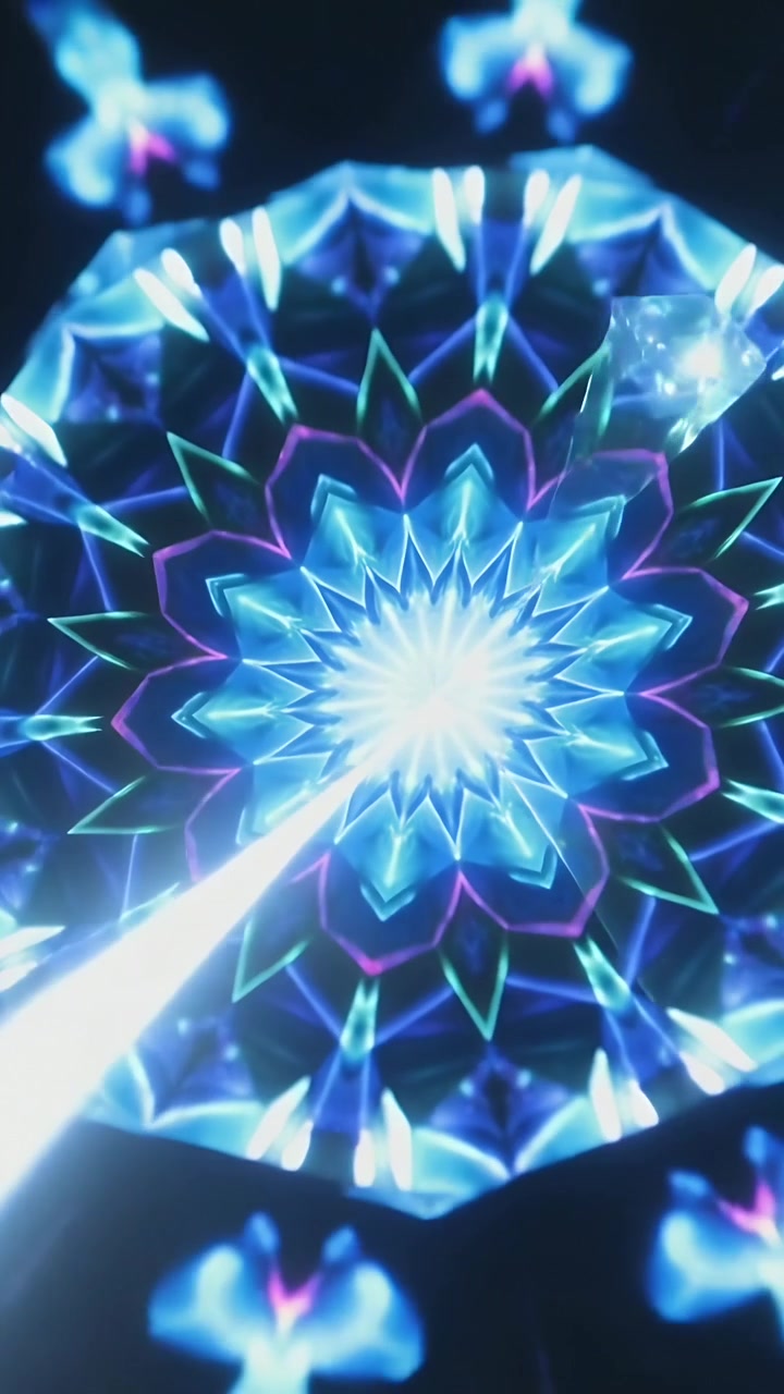 Video verticale: Mandala luminoso che pulsa su sfondo nero, con un raggio in basso a sinistra che entra, spingendo un frammento verso l'interno.