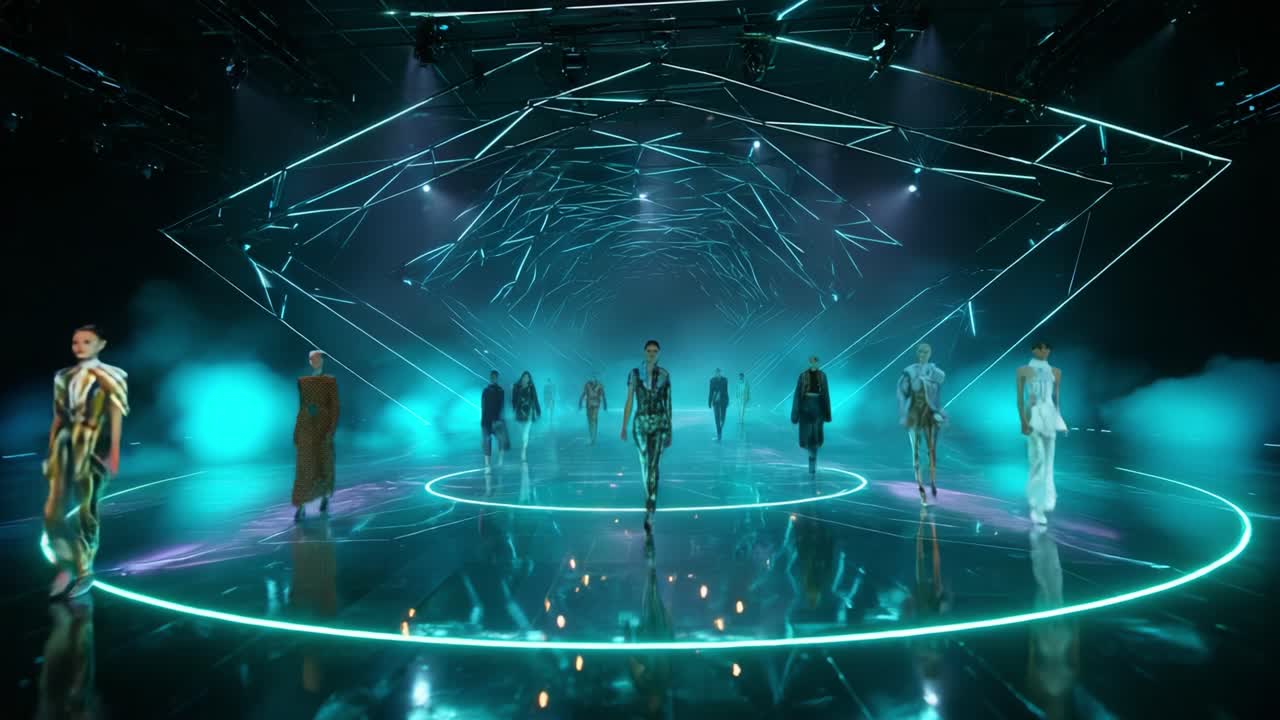 A Stunning Fashion Showcase Featuring Models in Futuristic Outfits, Emanating Style and Elegance Under Striking Neon Lighting within an Innovative Geometric Stage Design