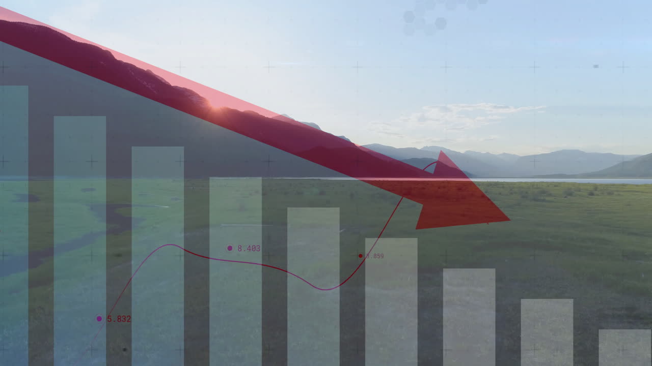 Bar chart with downward red arrow and animation over mountain landscape