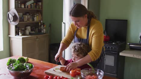 madre y hijo caucásicos felices cortando verduras en la cocina